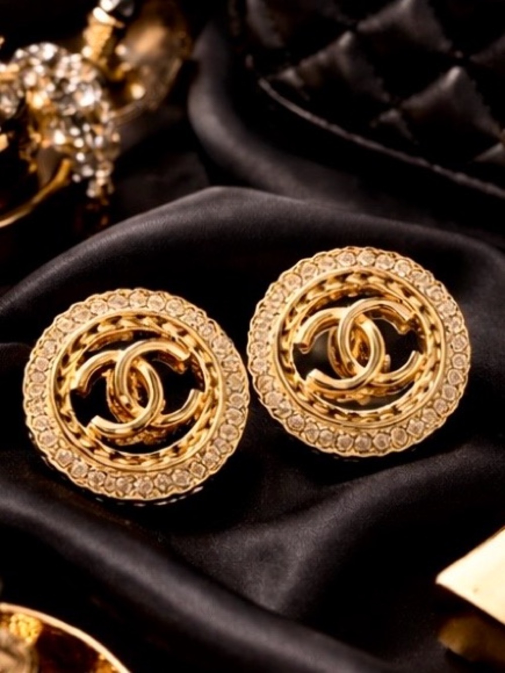 Round CC Style Rhinestone Stud Earrings | Gold Tone | Estate Find Luxe Chic